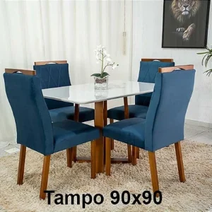 Mesa de Jantar Pedro Tampo Vidro Off 90×90 4 Cadeiras Lisboa Madeira Maciça