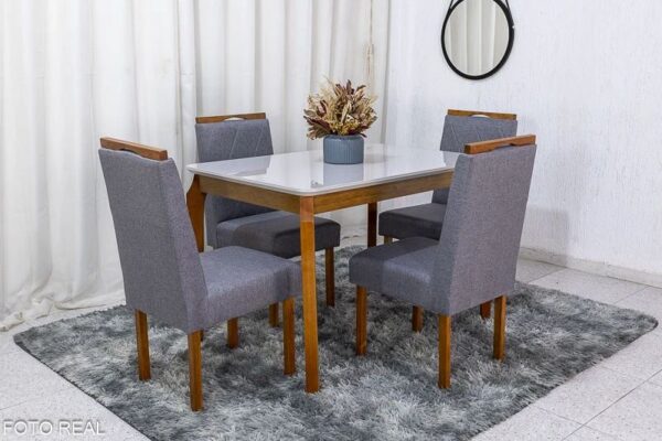 Mesa de Jantar Alegra Tampo Vidro Off 120×80 4 Cadeiras Diamante Linho Madeira Maciça