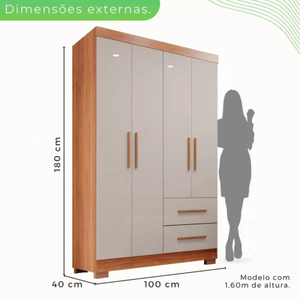 Guarda-roupa Solteiro 4 Portas 2 Gavetas Estrela Premium Off-White/Cinamomo - Imagem 5